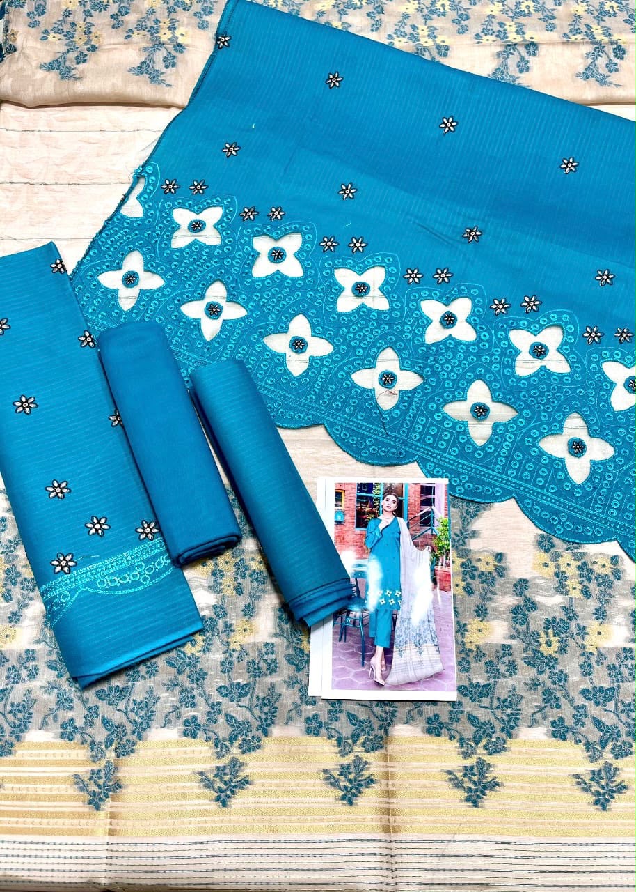 🩵 Zauq Premium 3 Piece Embroidered Suit – Teal Blue | Printed Brosha Dupatta | Unstitched