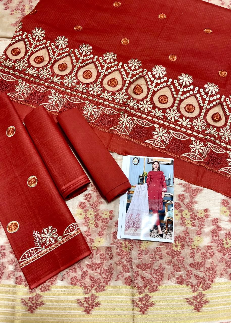 🧡 Zauq Premium 3 Piece Embroidered Suit – Rust Orange | Printed Brosha Dupatta | Unstitched
