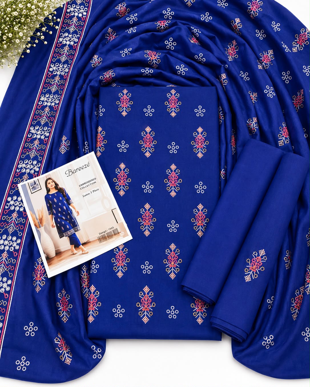 💙 Bareezé Embroidered Collection – Royal Blue Lawn 2 Piece Suit