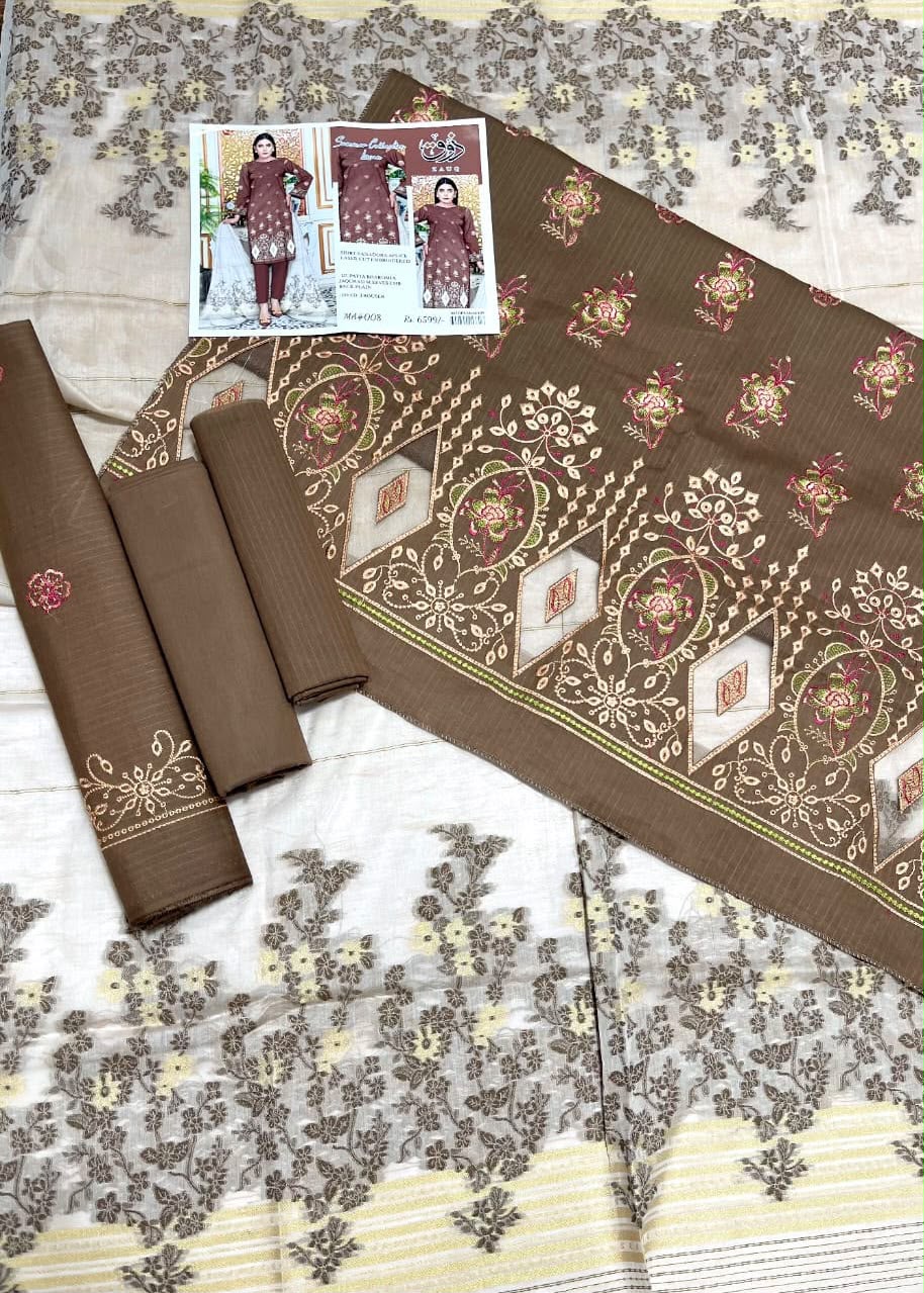 🤎 Zauq Premium 3 Piece Embroidered Suit – Brown | Printed Brosha Dupatta | Unstitched