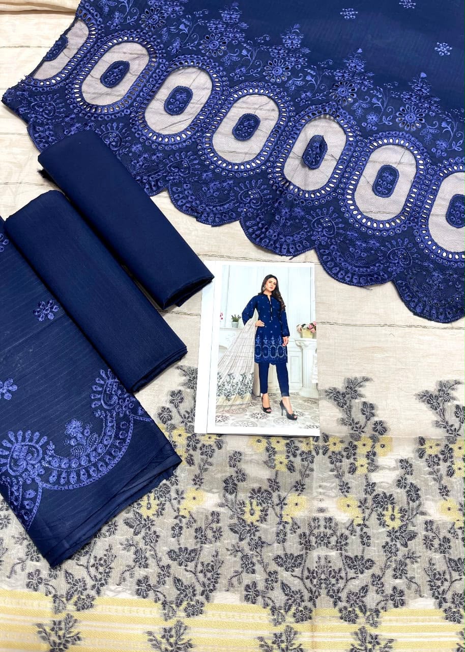 ๐ Zauq Premium 3 Piece Embroidered Suit โ Navy Blue | Printed Brosha Dupatta | Unstitched