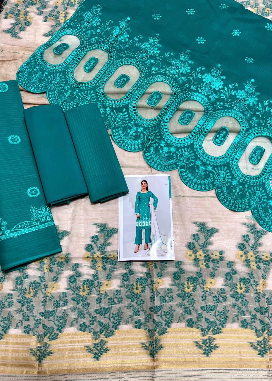 🩵 Zauq Premium 3 Piece Embroidered Suit – Aqua Blue | Printed Brosha Dupatta | Unstitched