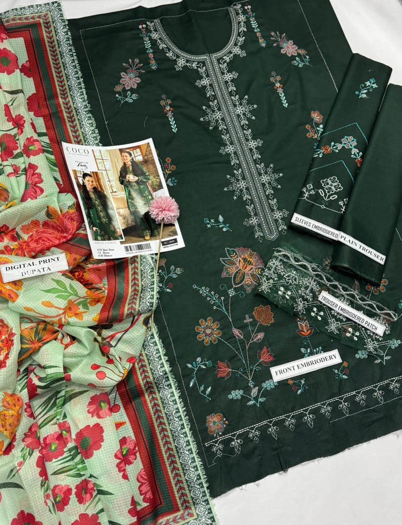 💚 Luxury Emerald Green Embroidered 3-Piece Lawn Suit