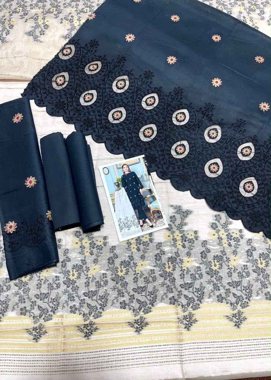 🖤 Zauq Premium 3 Piece Embroidered Suit – Black | Printed Brosha Dupatta | Unstitched