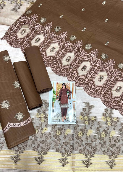 🤎 Zauq 3 Piece Embroidered Suit – Chocolate Brown