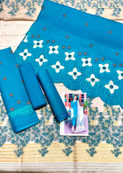 🩵 Zauq Premium 3 Piece Embroidered Suit – Teal Blue | Printed Brosha Dupatta | Unstitched