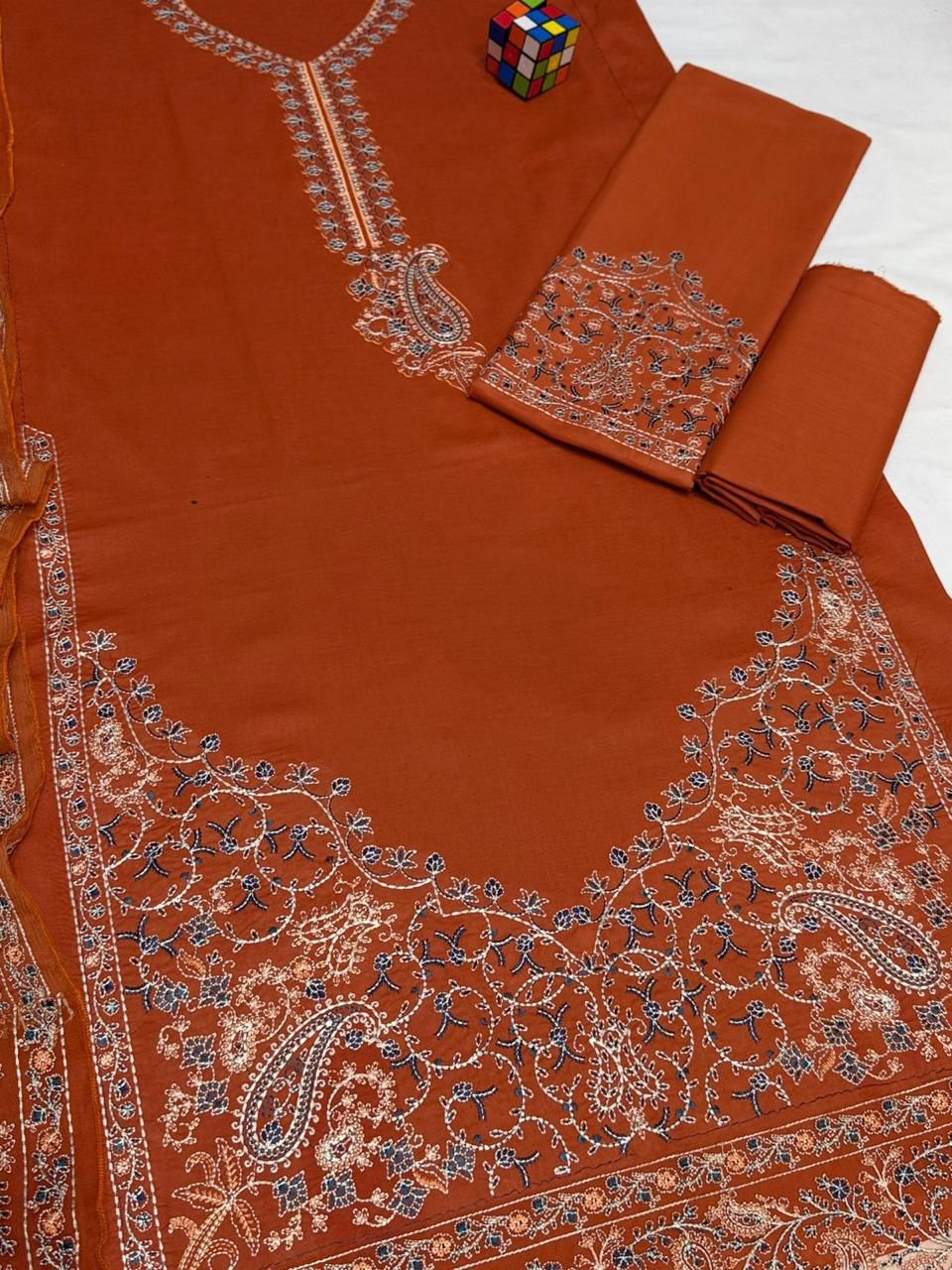 🧡 Luxury Rust Orange Embroidered 3-Piece Airjet Lawn Suit