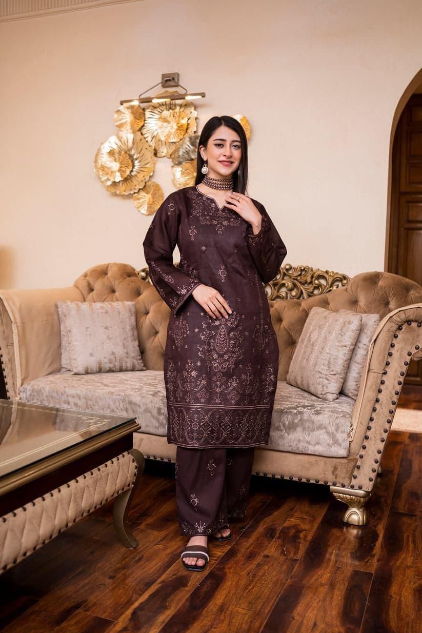 SAYA Original Premium 2 Piece Embroidered Lawn Suit – Chocolate Brown | Summer Collection 2026