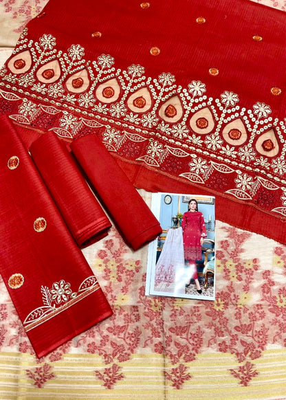 🧡 Zauq Premium 3 Piece Embroidered Suit – Rust Orange | Printed Brosha Dupatta | Unstitched