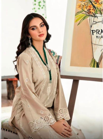 🤍 Luxury Beige Embroidered 3-Piece Lawn Suit