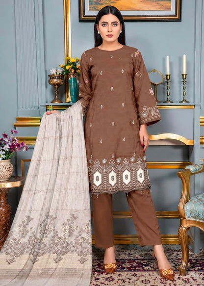 🤎 Zauq 3 Piece Embroidered Suit – Chocolate Brown