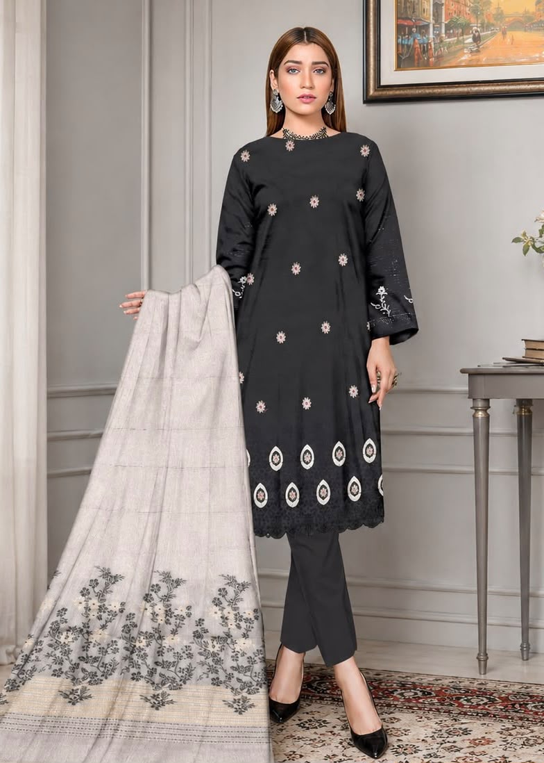 🖤 Zauq Premium 3 Piece Embroidered Suit – Black | Printed Brosha Dupatta | Unstitched