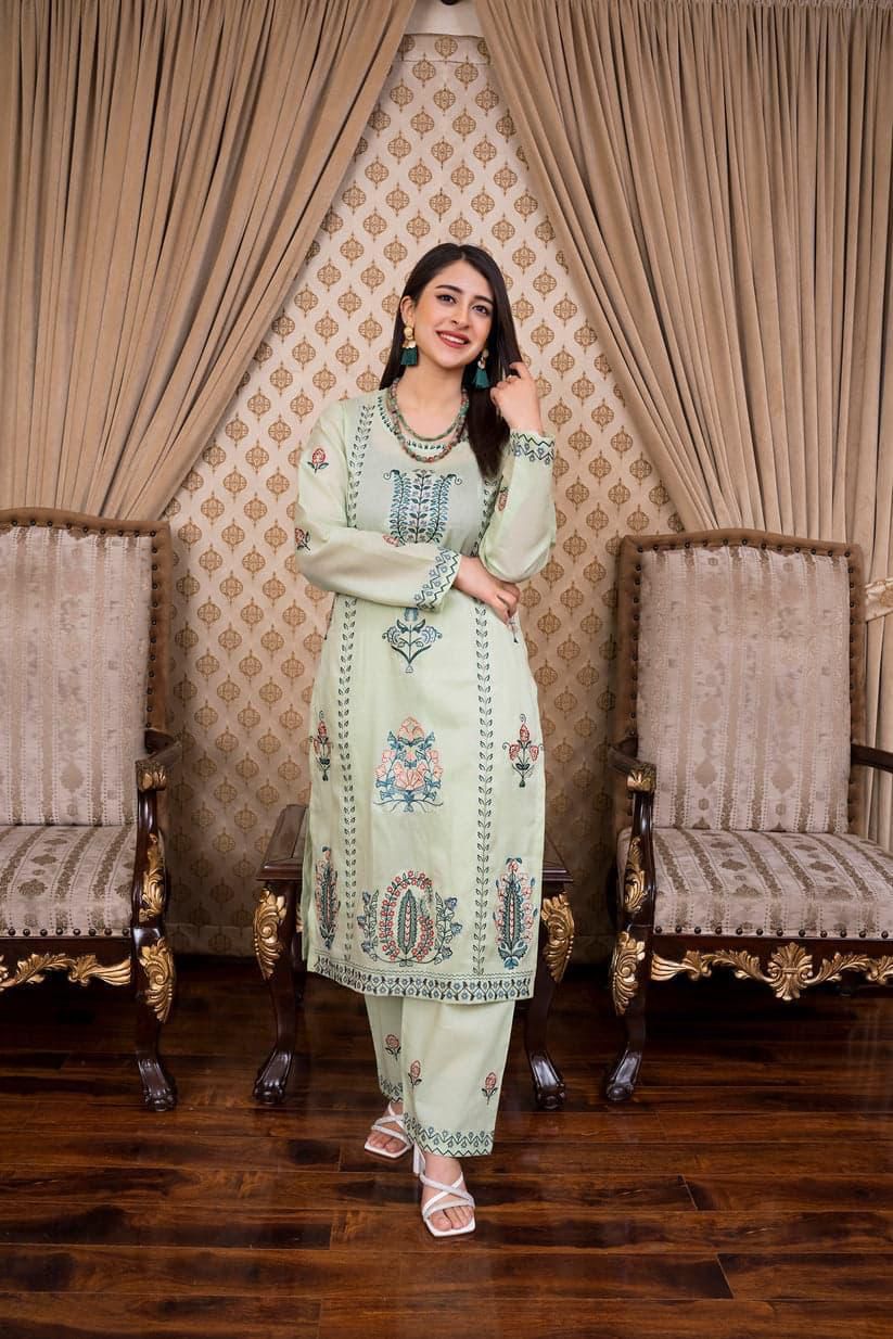 SAYA Original Premium 2 Piece Embroidered Lawn Suit – Light Parrot Green | Summer Collection 2026