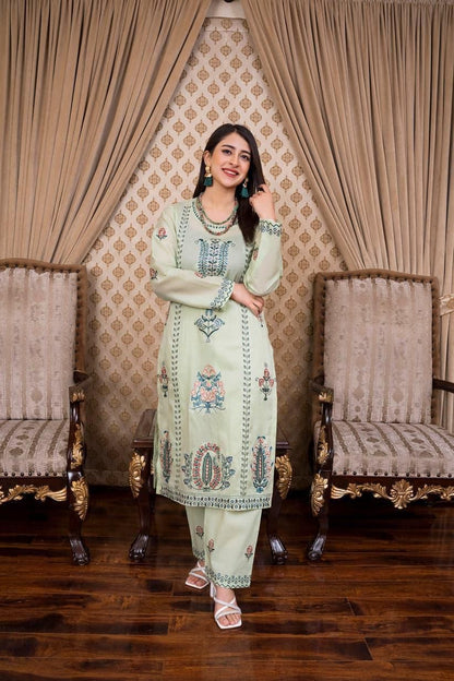 SAYA Original Premium 2 Piece Embroidered Lawn Suit – Light Parrot Green | Summer Collection 2026