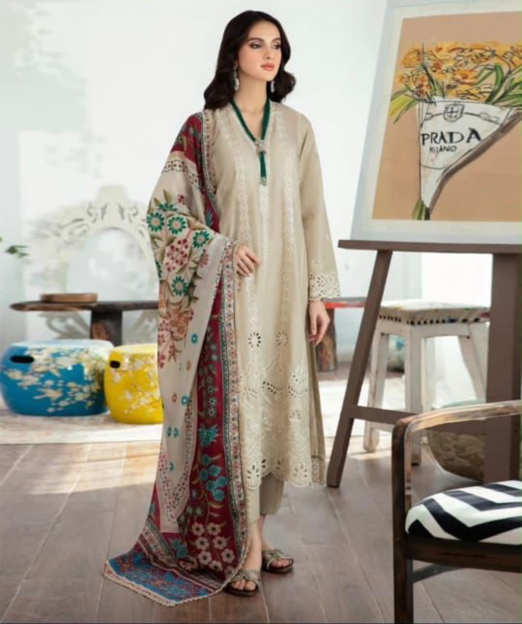 🤍 Luxury Beige Embroidered 3-Piece Lawn Suit
