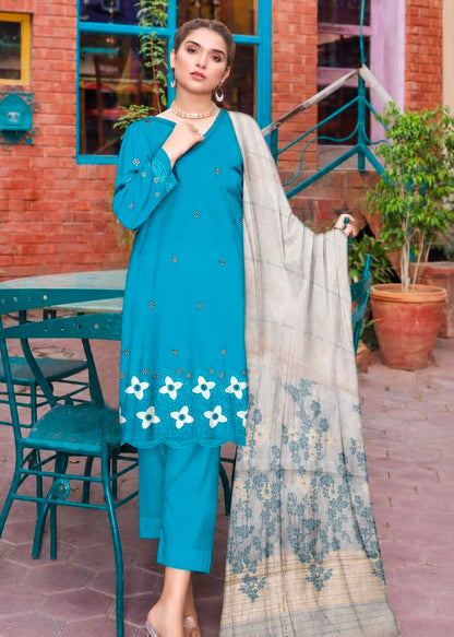 🩵 Zauq Premium 3 Piece Embroidered Suit – Teal Blue | Printed Brosha Dupatta | Unstitched