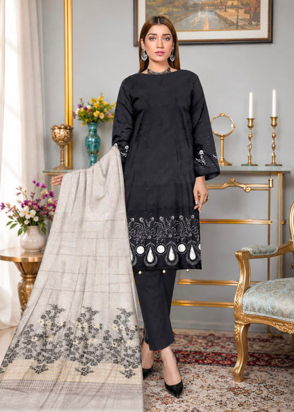 🖤 Zauq 3 Piece Embroidered Suit – Black