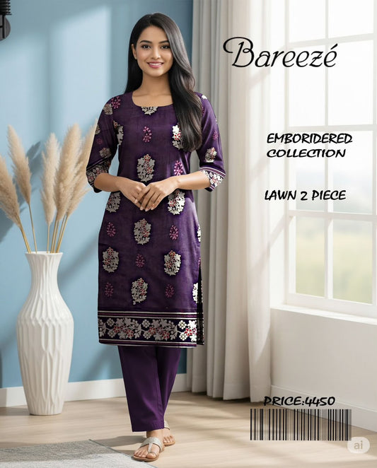 💜 Bareeze Embroidered Lawn 2 Piece – Purple