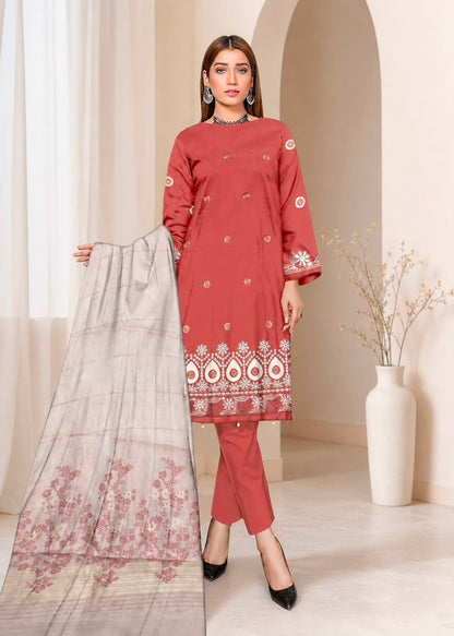 🧡 Zauq Premium 3 Piece Embroidered Suit – Rust Orange | Printed Brosha Dupatta | Unstitched