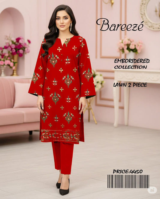 Bareeze Embroidered Lawn 2 Piece – Red
