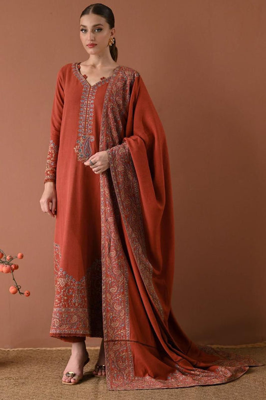 🧡 Qalamkar 3 Piece Embroidered Suit – Rust Orange