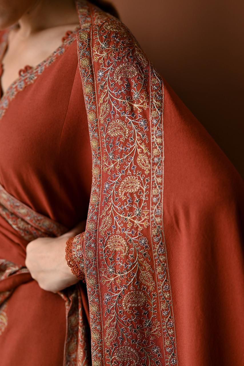 🧡 Qalamkar 3 Piece Embroidered Suit – Rust Orange