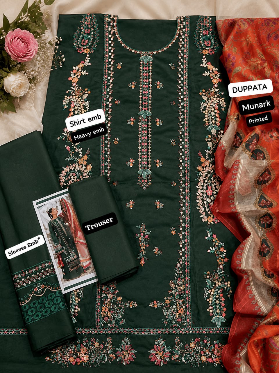 💚 Luxury Dark Green Embroidered 3-Piece Lawn Suit