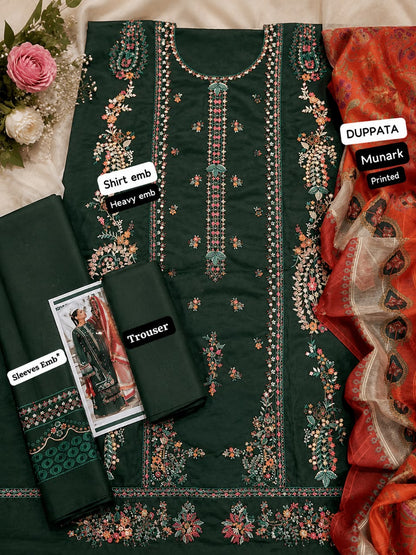 💚 Luxury Dark Green Embroidered 3-Piece Lawn Suit