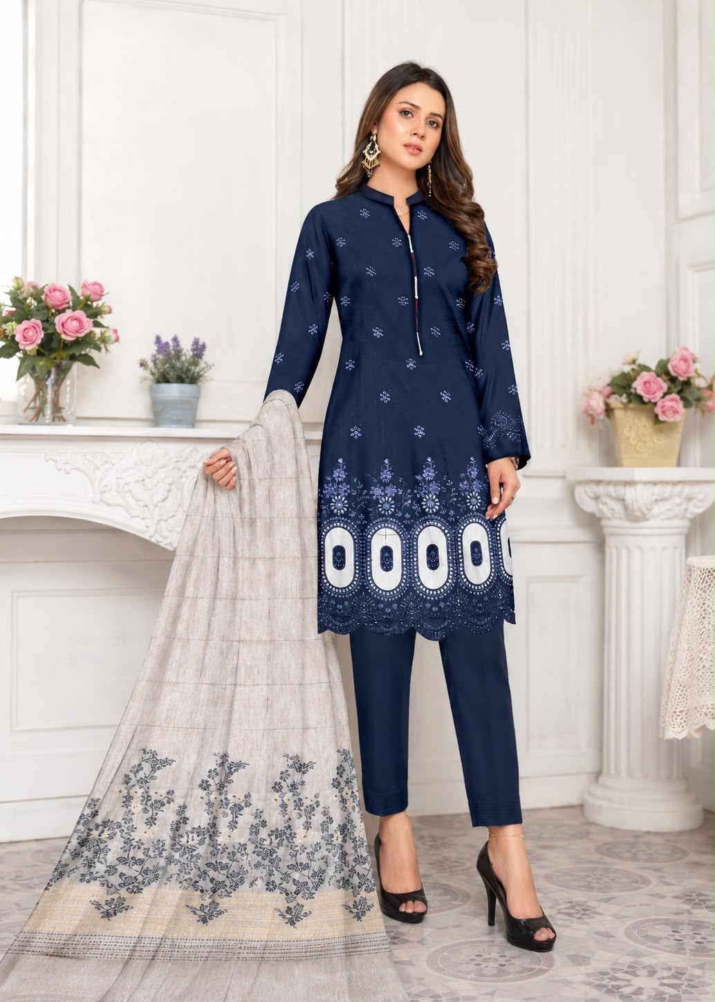 💙 Zauq Premium 3 Piece Embroidered Suit – Navy Blue | Printed Brosha Dupatta | Unstitched