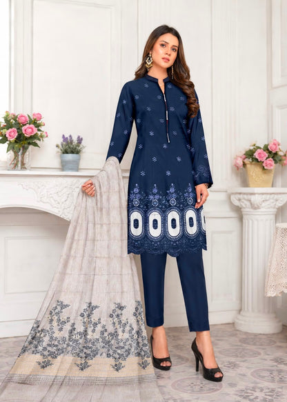 💙 Zauq Premium 3 Piece Embroidered Suit – Navy Blue | Printed Brosha Dupatta | Unstitched