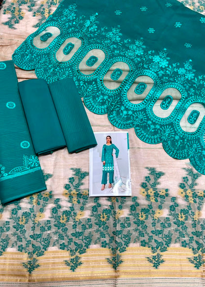 🩵 Zauq Premium 3 Piece Embroidered Suit – Aqua Blue | Printed Brosha Dupatta | Unstitched