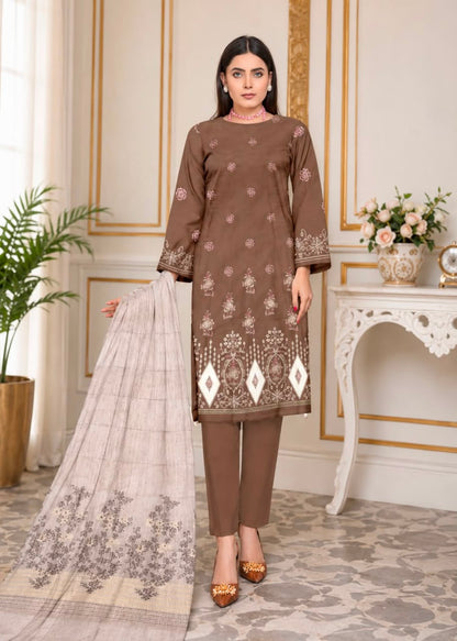 🤎 Zauq Premium 3 Piece Embroidered Suit – Brown | Printed Brosha Dupatta | Unstitched