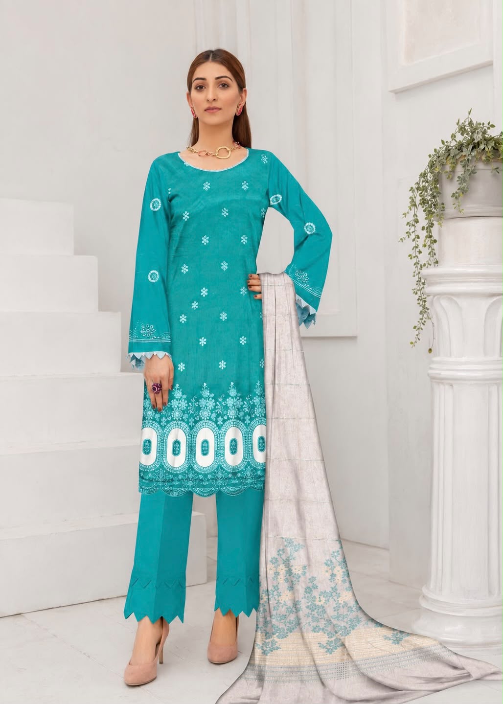 🩵 Zauq Premium 3 Piece Embroidered Suit – Aqua Blue | Printed Brosha Dupatta | Unstitched