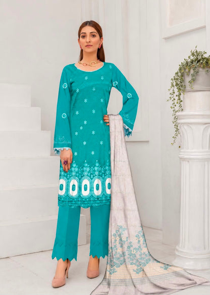 🩵 Zauq Premium 3 Piece Embroidered Suit – Aqua Blue | Printed Brosha Dupatta | Unstitched